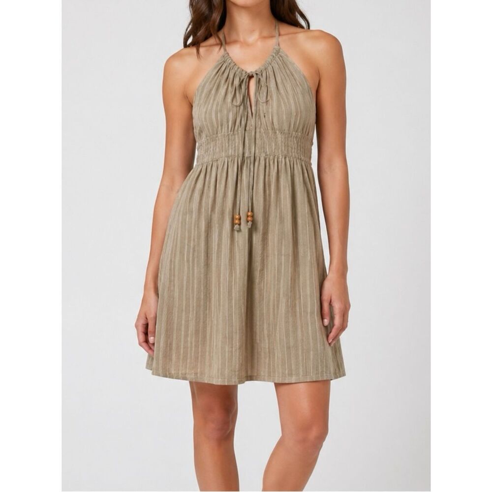 Funky People Boho Halter Dress Tan Beige Striped Cotton Size Medium
